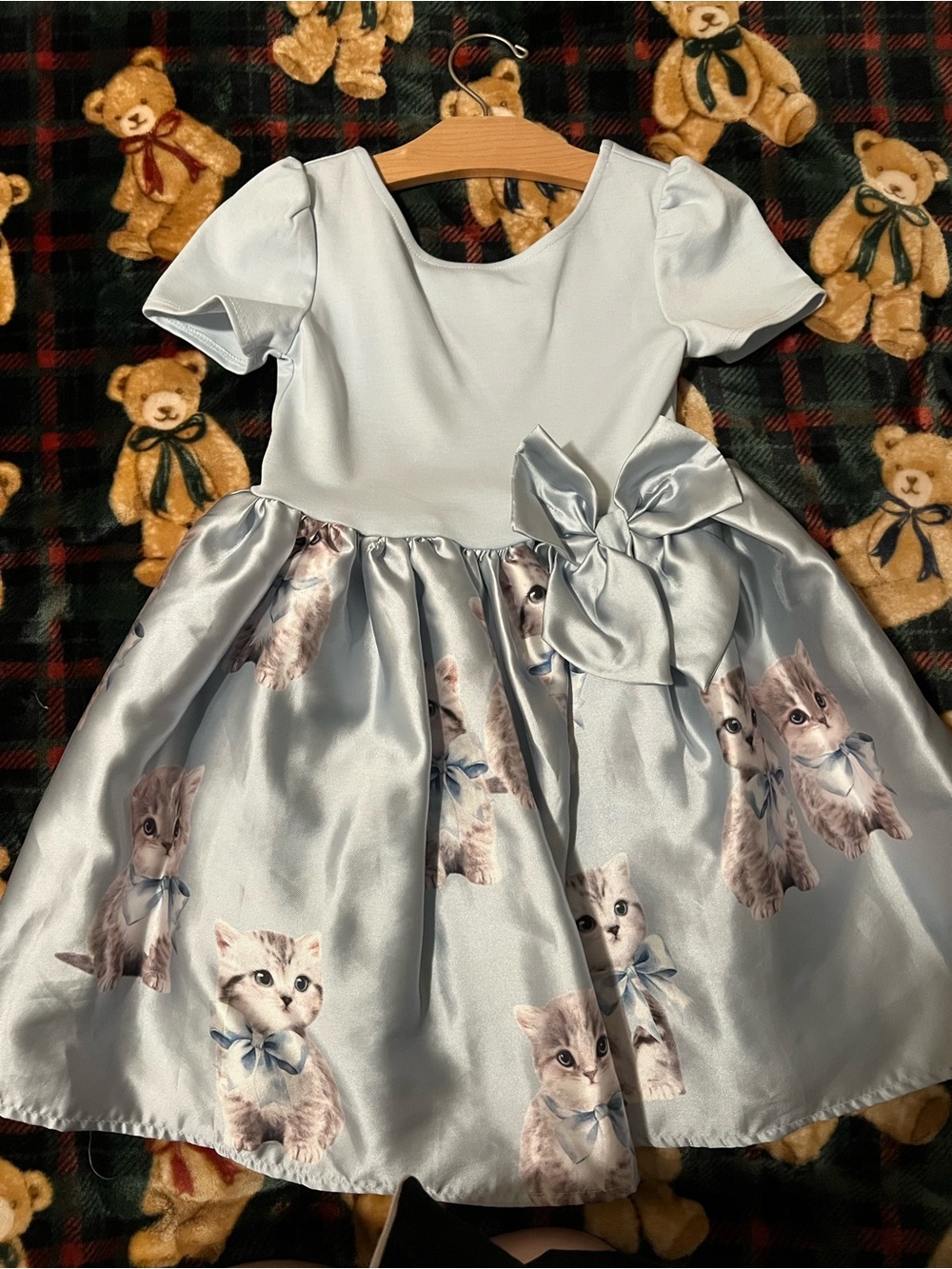 H&M Light Blue Satin Party Dress with Kitten Print and Bow